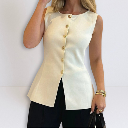 Dames Mouwloze met Knopen en Peplum - Mode Vibes
