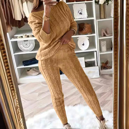Dames Lounge Set Warm Kabel Patroon Legging en Top