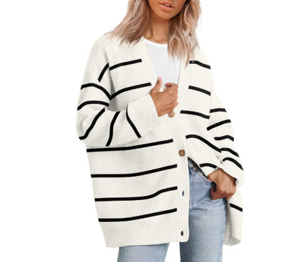 Dames Gebreid Vest met Strepen en Knopen Stijlvol Elegant