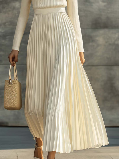 Dames Crème Maxi Jurk met Gebreide Top en Geplooide Satijnen Zoom