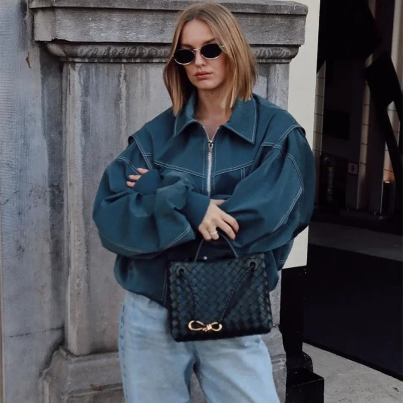 Oversized Bomberjack Met Contrasterende Stiksels en Kap
