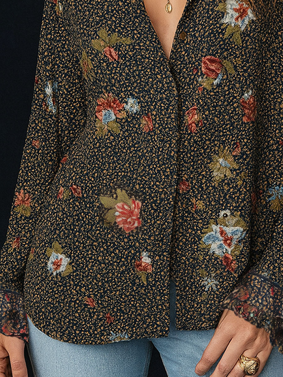 Elise – Dames Blouse met Bloemenprint, Ruches en Afgeronde Zoom