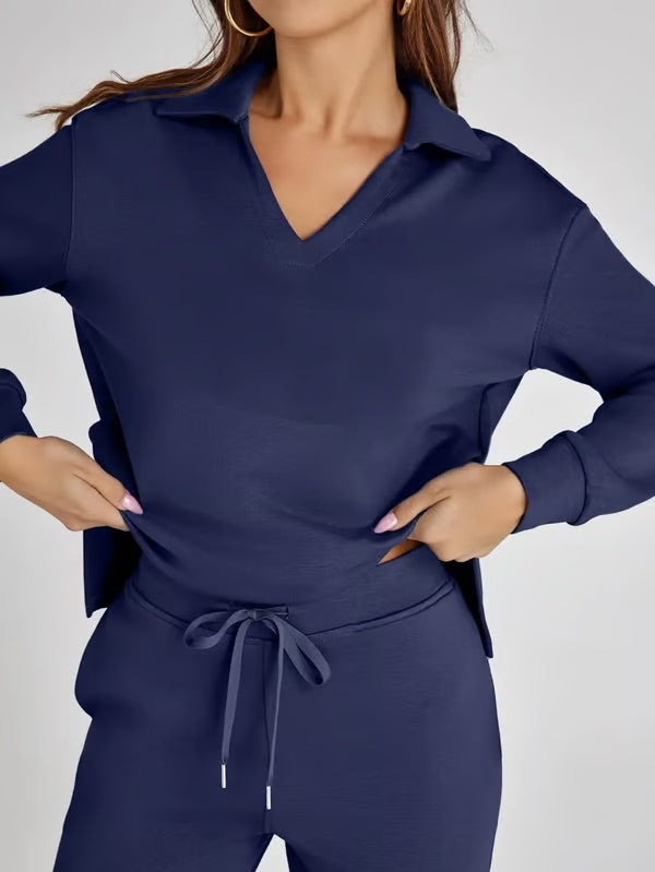 Dames Tweedelige Set met V-Hals Sweatshirt en Wijde Broek – Comfortabel & Stijlvol – Voor Herfst/Winter