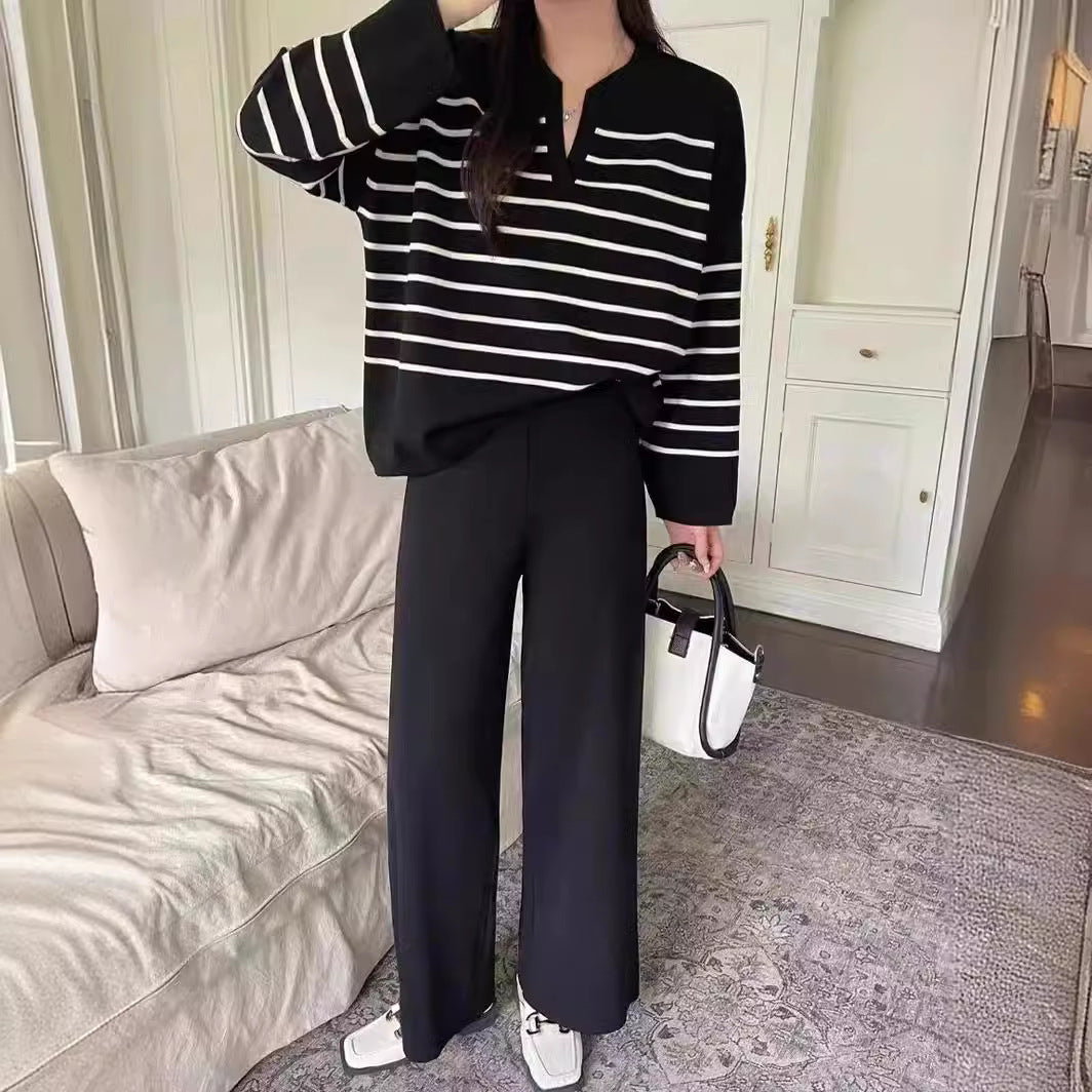 Dames Tweedelige Set Gebreid met Broek en Top Streepjes