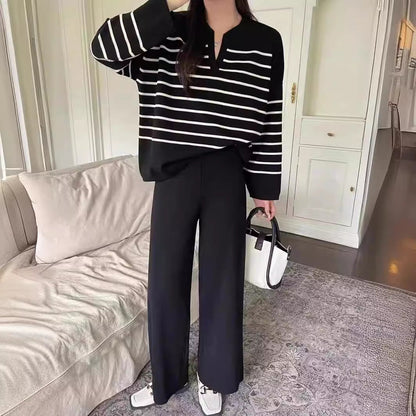 Dames Tweedelige Set Gebreid met Broek en Top Streepjes