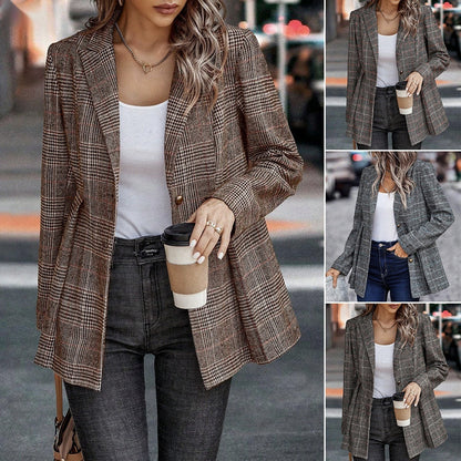Dames Blazer Geruit Vintage Stijl Elegante Look