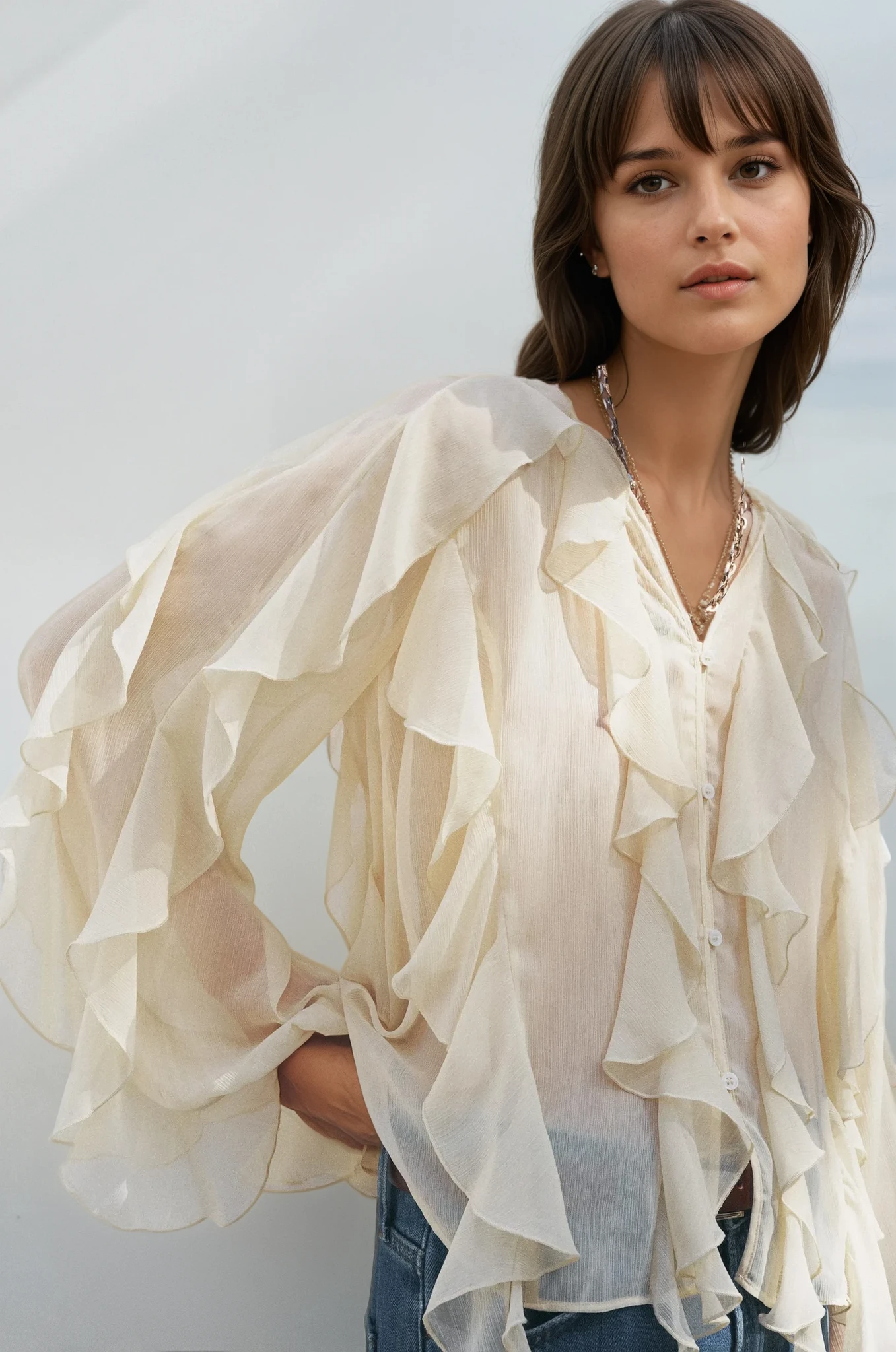 Vrouwelijke Blouse met Ruches en Doorzichtige Mouwen