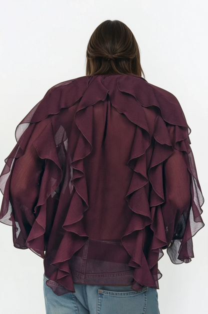 Vrouwelijke Blouse met Ruches en Doorzichtige Mouwen