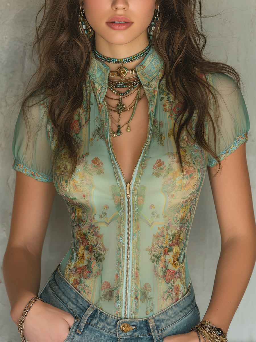 Rosalie – Dames Chiffon Blouse met Retro Print en Slim Fit Pasvorm