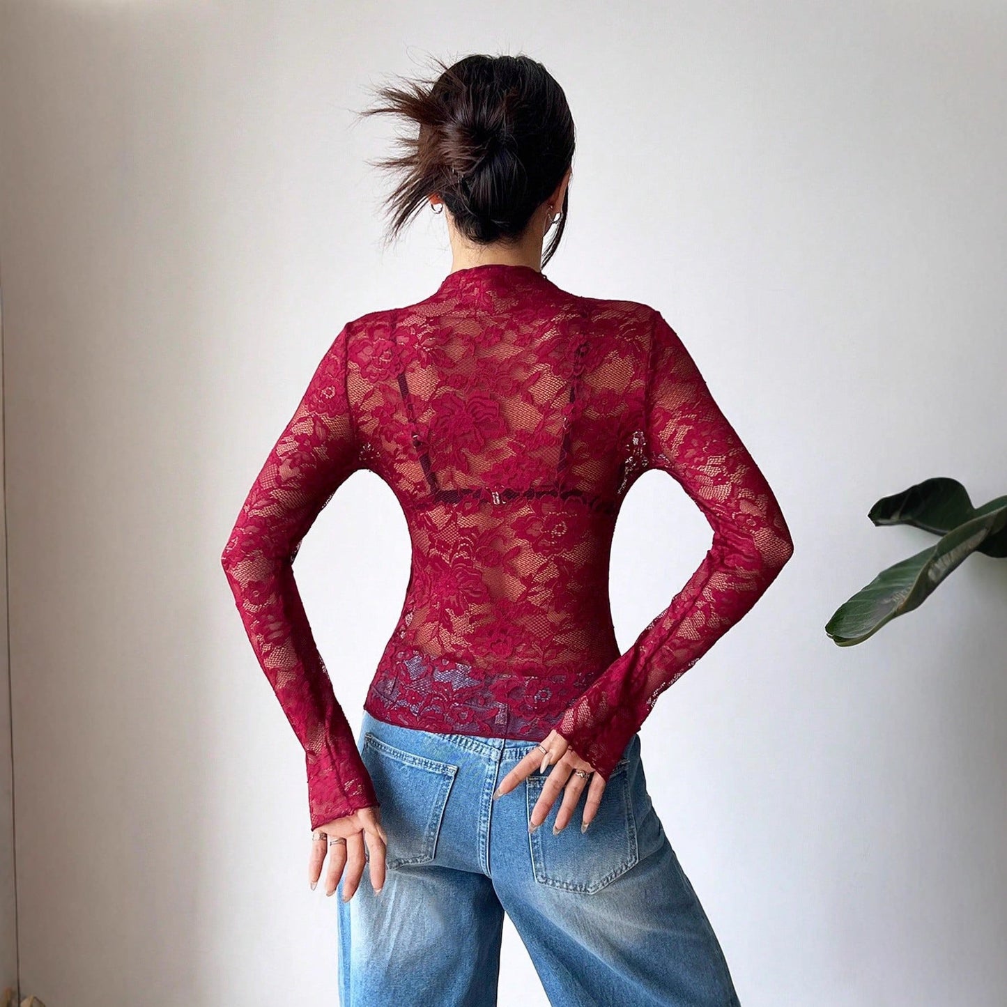 Dames Top met Lange Mouwen Kanten Detail Slim Fit
