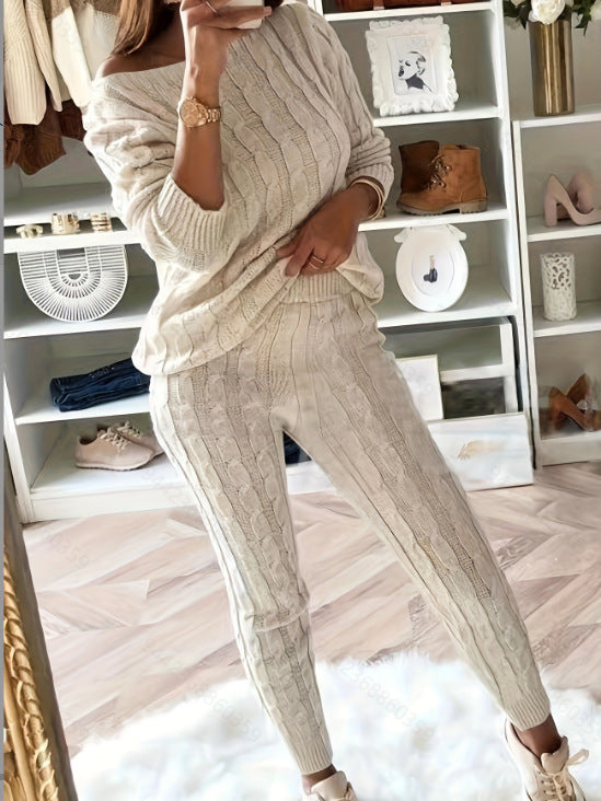 Dames Lounge Set Warm Kabel Patroon Legging en Top