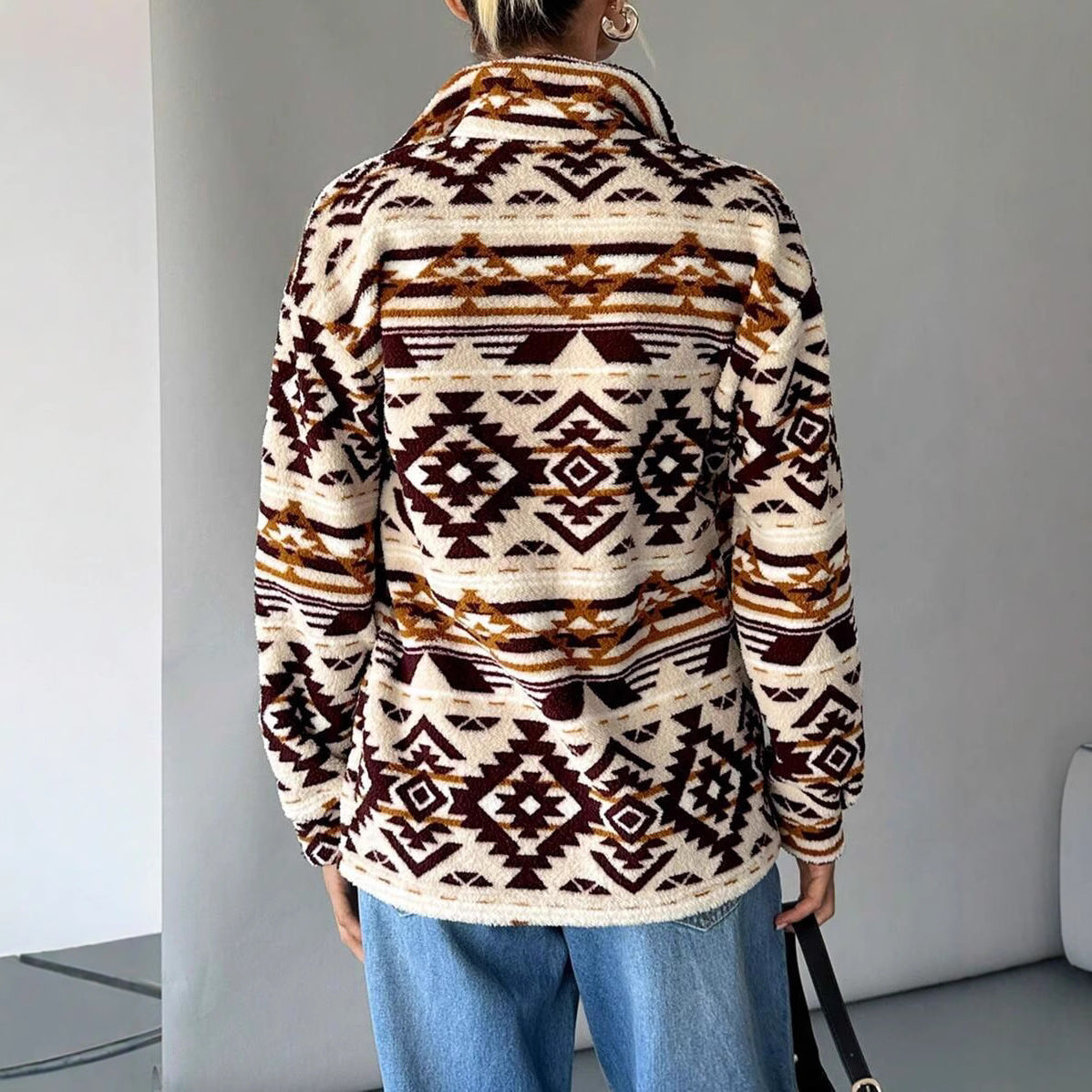 Dames Fleece Jas Etnische Print Trendy Warm