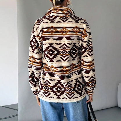 Dames Fleece Jas Etnische Print Trendy Warm