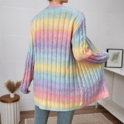 Dames Gebreide Vest Regenboog Kleuren Warm en Stijlvol