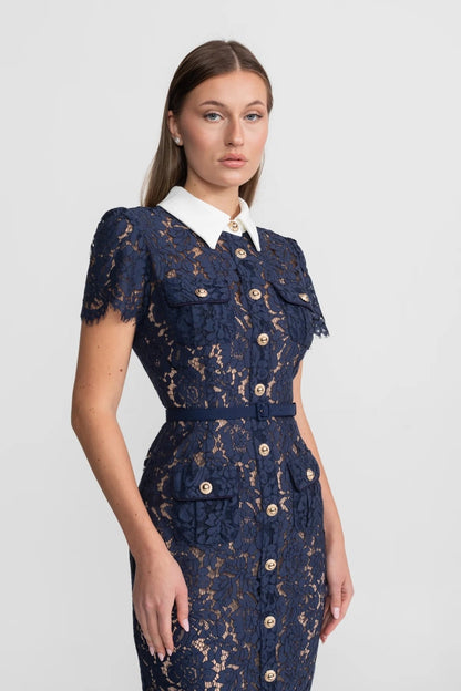 Dames Midi Jurk van Bloemenkant met Kraag en Tailleceintuur – Marineblauw
