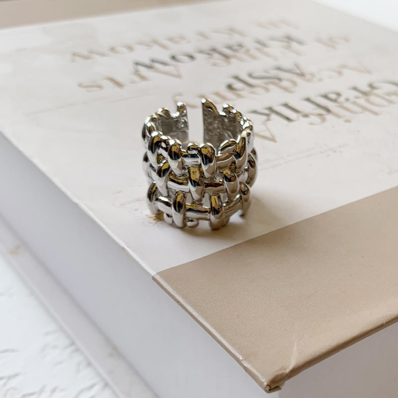 Gevlochten Dames Ring Brede Zilverkleurig Trendy Model