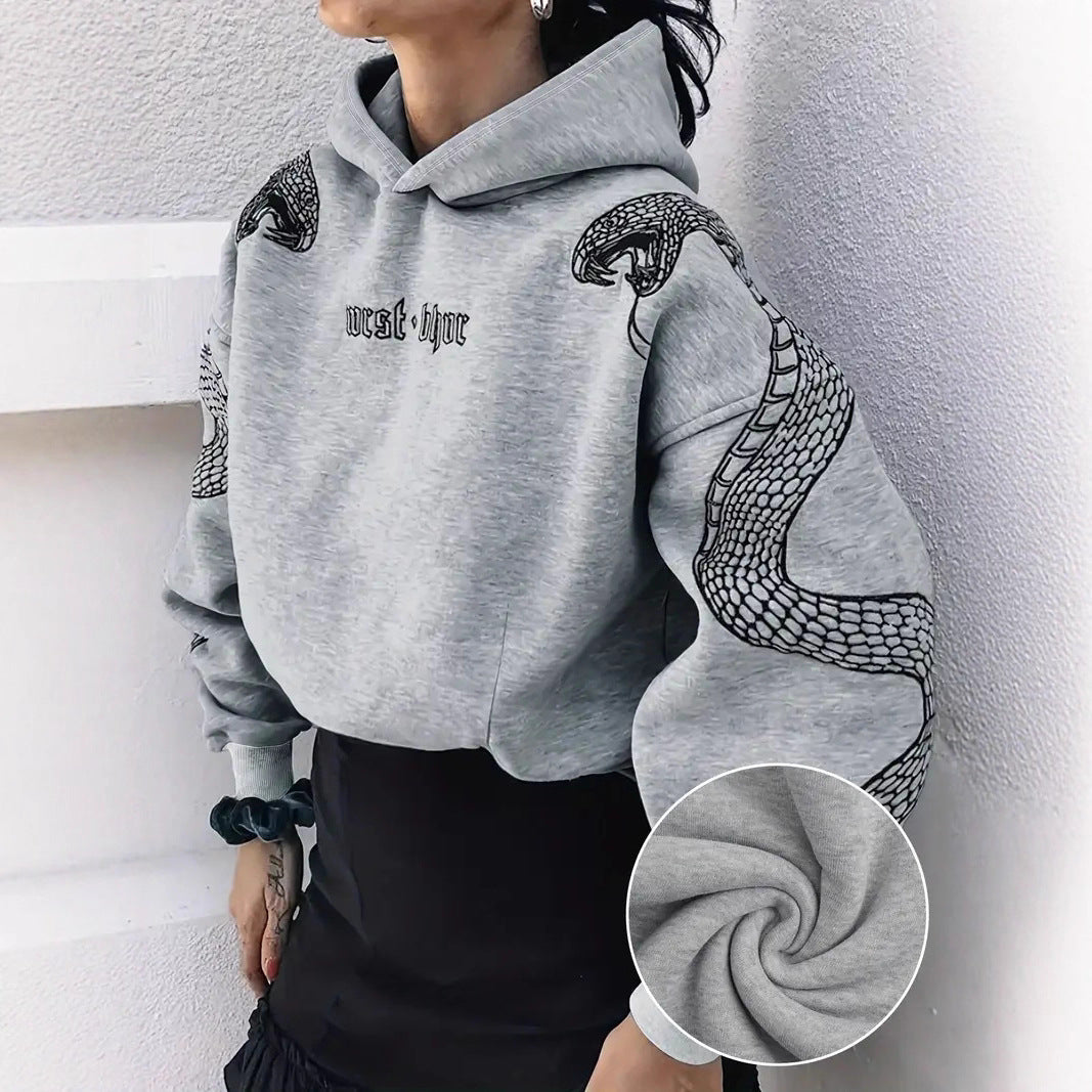 Dames Hoodie Kort met Slangen Print Trendy Casual - Mode Vibes