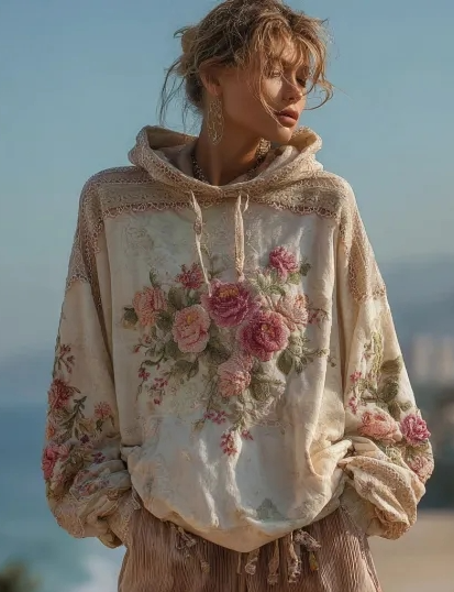 Dames Hoodie met Bloemen Print Vintage Stijl