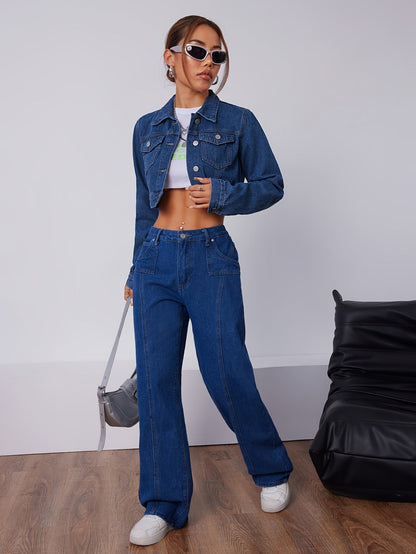 Klassiek Kort Lederen Spijkerjack Blauw Vintage Stijl - Mode Vibes