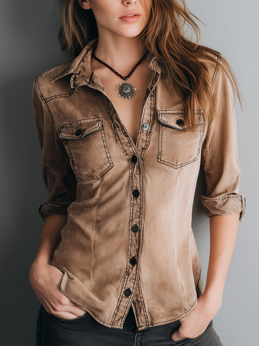 Retro Gewassen Blouse met Contraststiksels