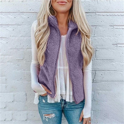 Dames Fleece Bodywarmer Teddy Jas met Rits en Opstaande Kraag