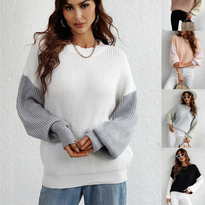Dames Trui Ronde Hals met Contrasterende Mouwen Elegante Stijl
