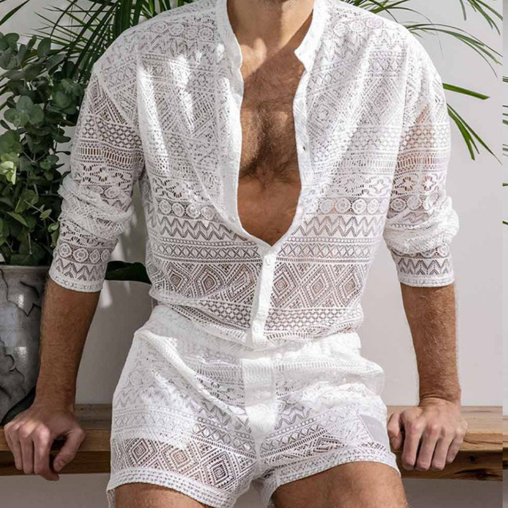 Luchtige Zomerset voor Heren Katoen en Kanten Details - Mode Vibes