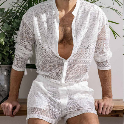 Luchtige Zomerset voor Heren Katoen en Kanten Details - Mode Vibes