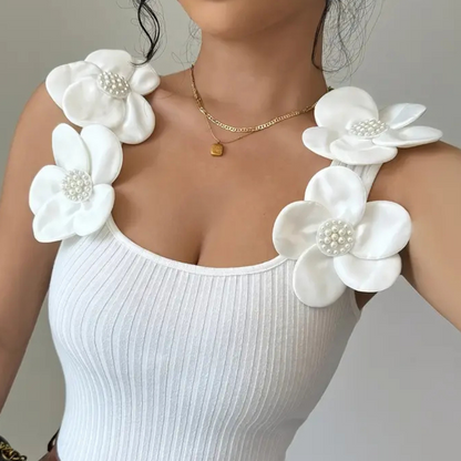 Vrouwelijke Zomer Top Wit Bloemen Mouwloos