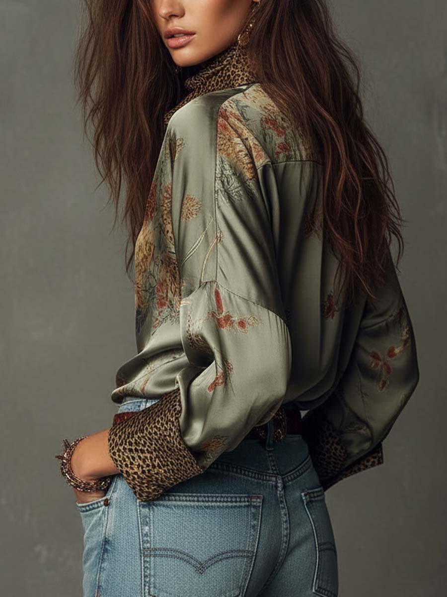 Satijnen Bloemenblouse met Luipaarddetails