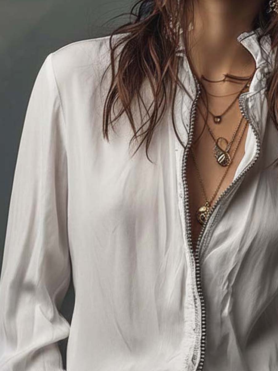 Dames Witte Blouse met Ritssluiting en Volantmouwen