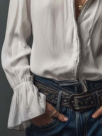 Dames Witte Blouse met Ritssluiting en Volantmouwen