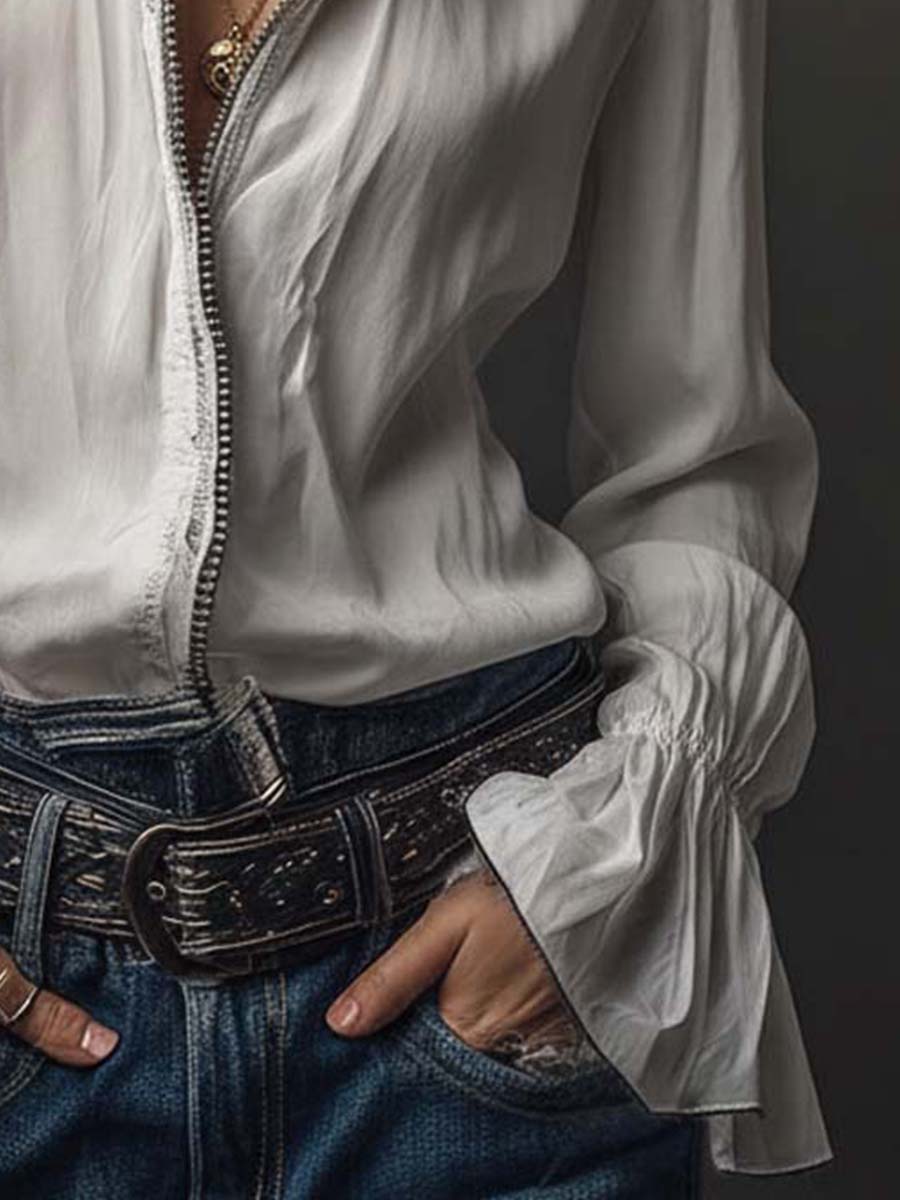Dames Witte Blouse met Ritssluiting en Volantmouwen
