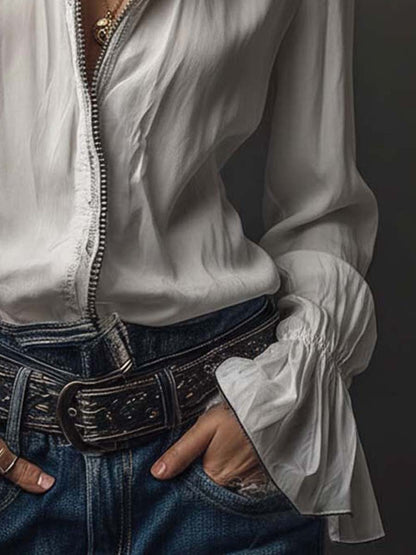 Dames Witte Blouse met Ritssluiting en Volantmouwen