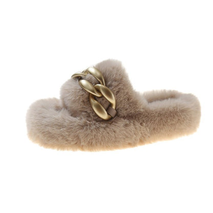 Dames Faux Fur Slippers Luxe met Ketting Detail