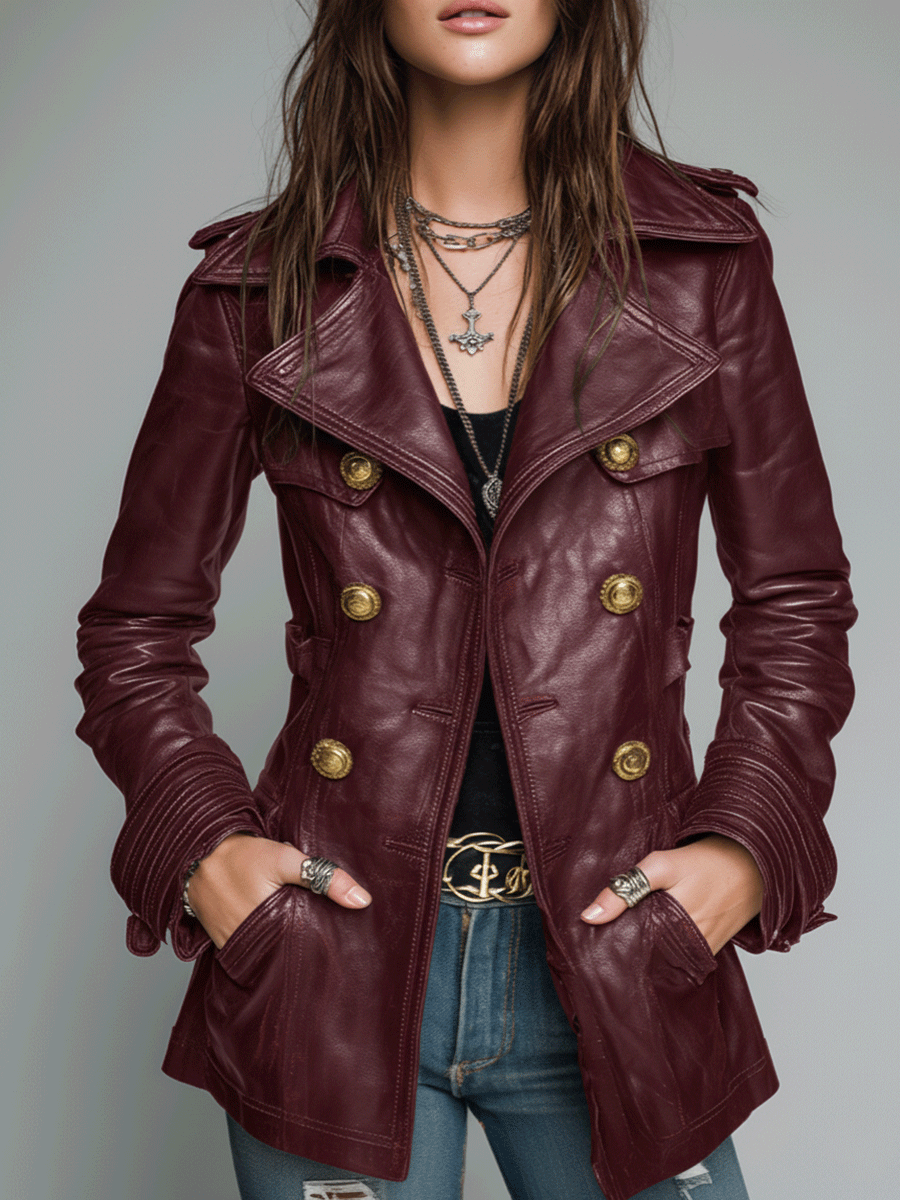 Dames Double-Breasted Imitatie Leren Jas – Vintage Stijl