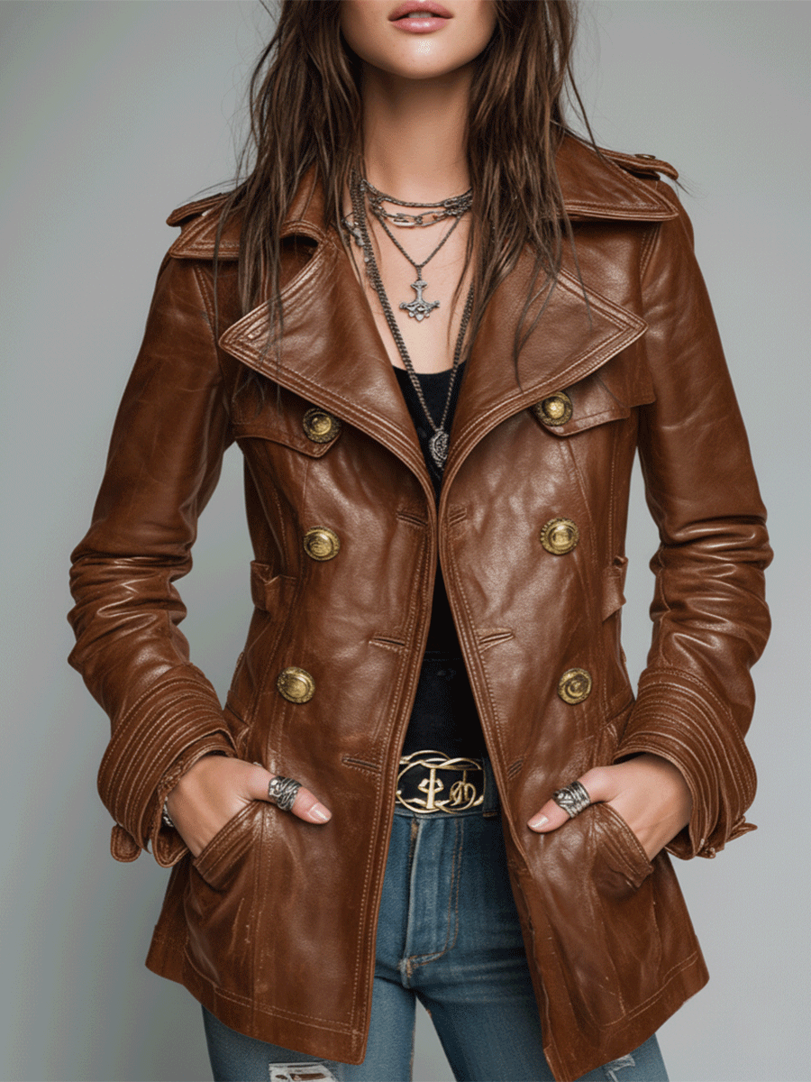 Dames Double-Breasted Imitatie Leren Jas – Vintage Stijl