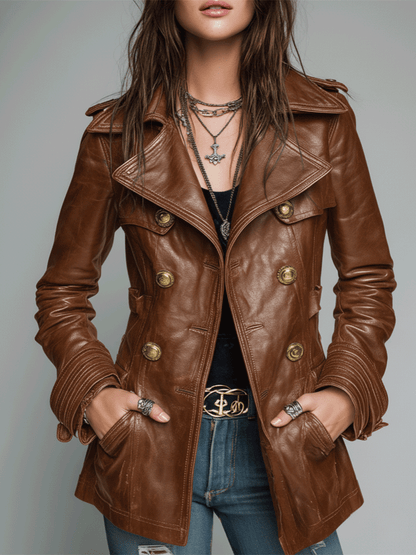 Dames Double-Breasted Imitatie Leren Jas – Vintage Stijl