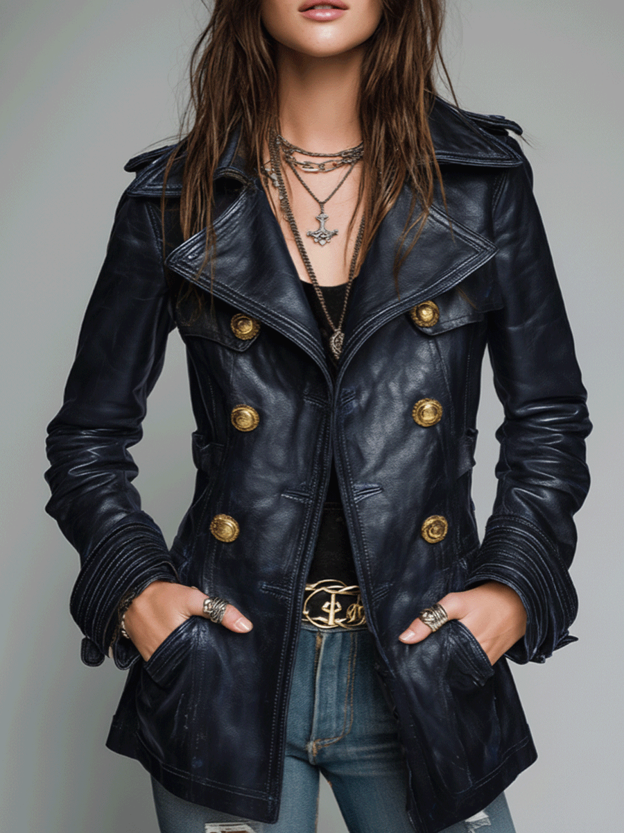 Dames Double-Breasted Imitatie Leren Jas – Vintage Stijl