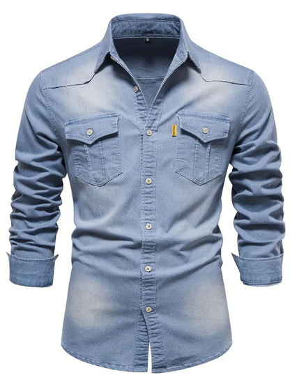 Heren Overhemd Blauwe Denim Klassiek