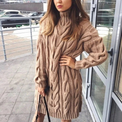 Dames Gebreide Jurk met Kabelpatroon en Col - Mode Vibes