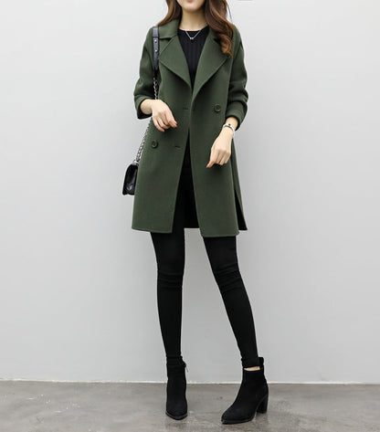 Dames Wollen Mantel Dubbel Geknoopt Stijlvol Trendy Look