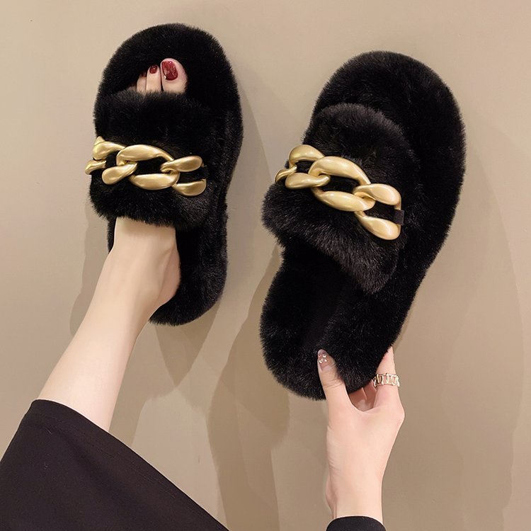 Dames Faux Fur Slippers Luxe met Ketting Detail