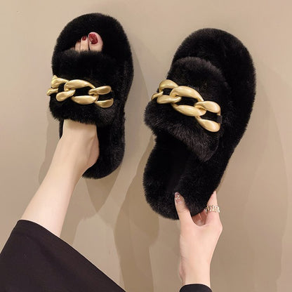 Dames Faux Fur Slippers Luxe met Ketting Detail