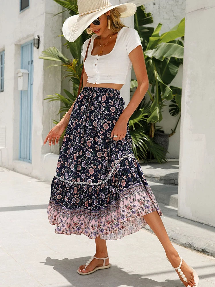 Retro Midi Rok met Ruches en Bloemenprint