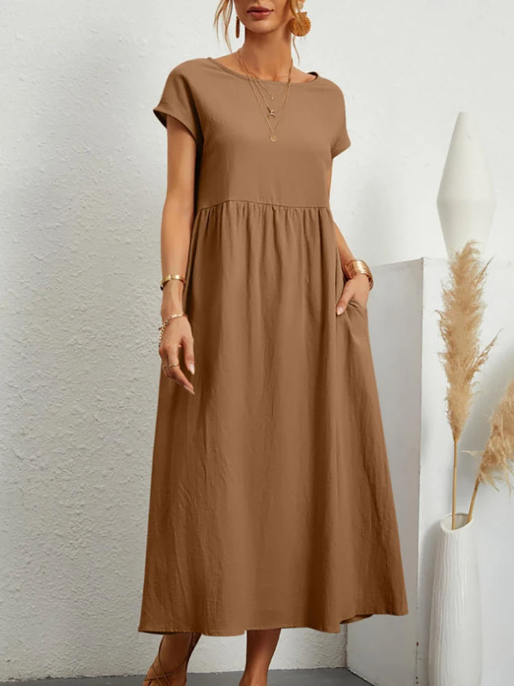 VELANORA Elegante zwarte linnen jurk met o-hals