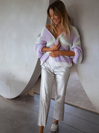 Dames Cardigan Gestreept Met Lanternmouwen Comfortabele Pasvorm