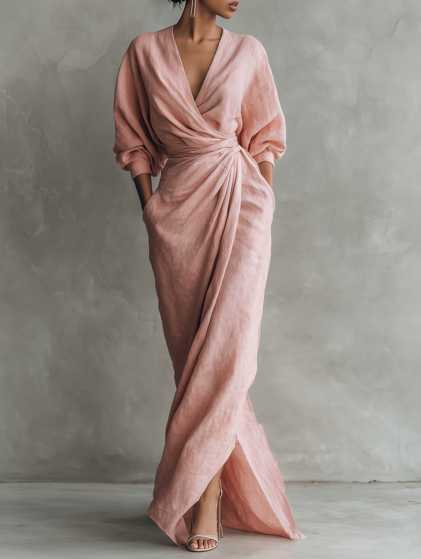 Dames linnen maxi-jurk met v-hals