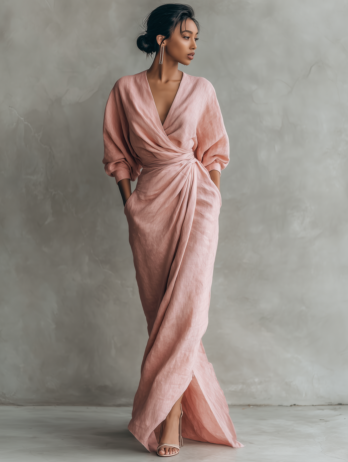 Dames linnen maxi-jurk met v-hals - Mode Vibes
