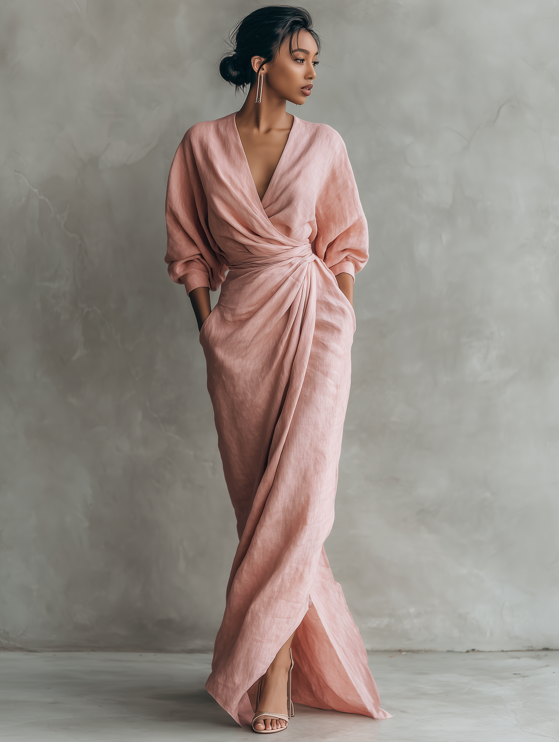 Dames linnen maxi-jurk met v-hals - Mode Vibes
